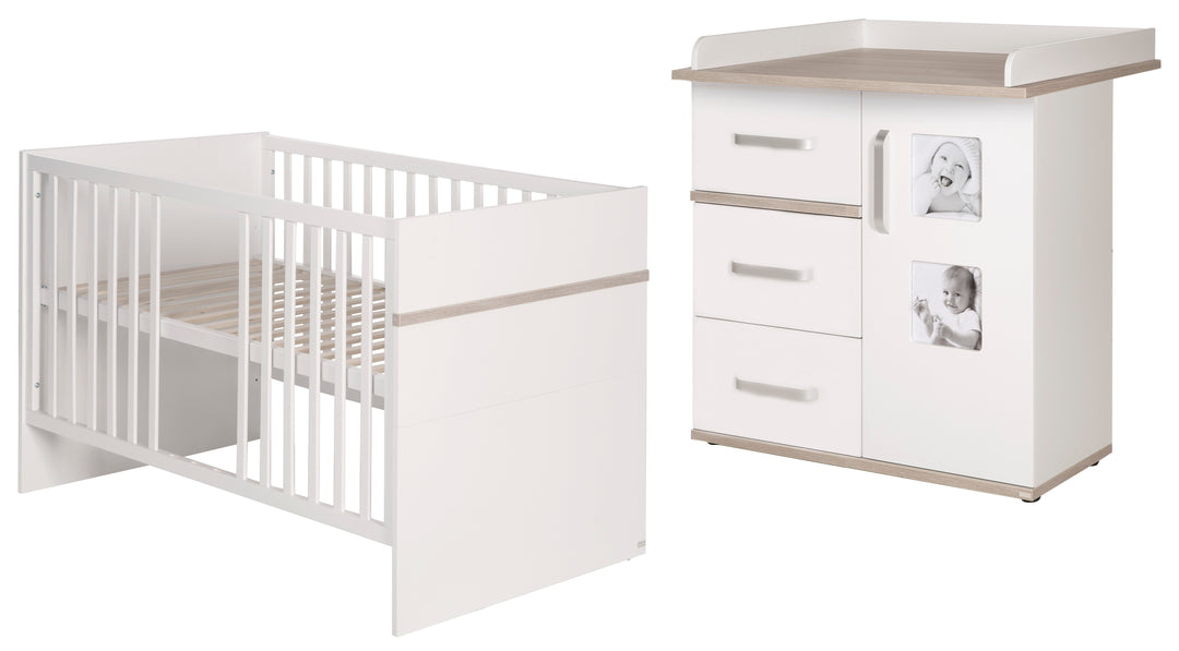 Set mobili per bambini 'Moritz', 2pezzi, letto per bambini 70 x 140 cm & cassettiera fasciatoio stretto, bianco/ luna elm – Ritaglio (1/9)
