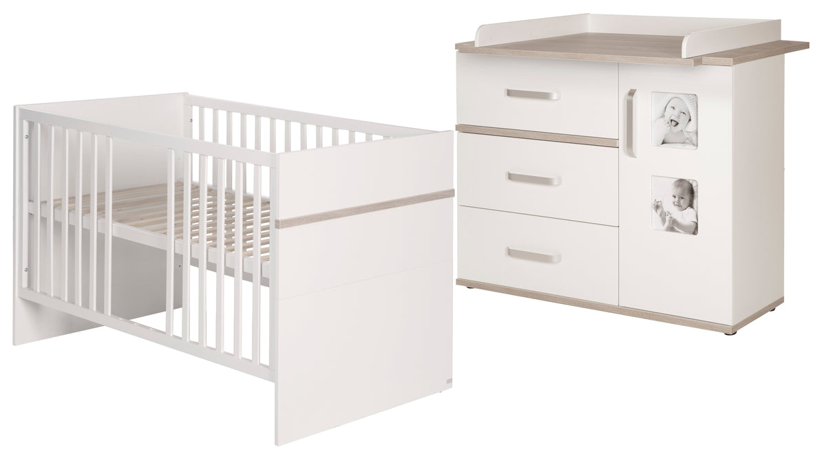 Set mobili per bambini 'Moritz‘, 2pezzi, letto per bambini 70 x 140 cm & cassettiera fasciatoio largo, bianco/Luna elm – Ritaglio (1/9)