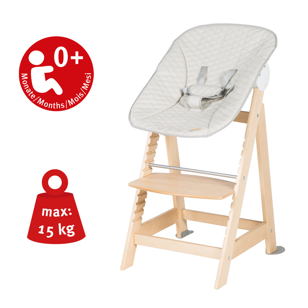 Hochstuhl Set 2in1 'Born Up' - Treppenhochstuhl 'Sit Up' + Aufsatz 'Greyish gesteppt - Natur – Infografik (6/25)