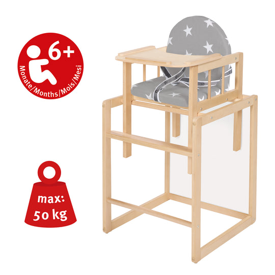 Kombihochstuhl 'Little Stars', Hochstuhl wandelbar zu Tisch & Stuhl, Holz natur, Sitz gepolstert – Infografik (6/7)