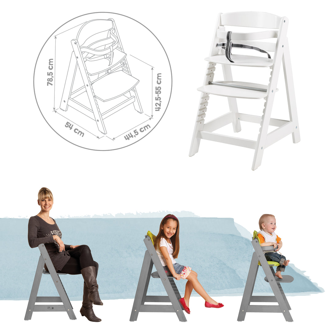 Trona evolutiva 'Sit Up Click', que crece con el niño, innovador cierre a clic, madera, blanco – Infografía (9/10)