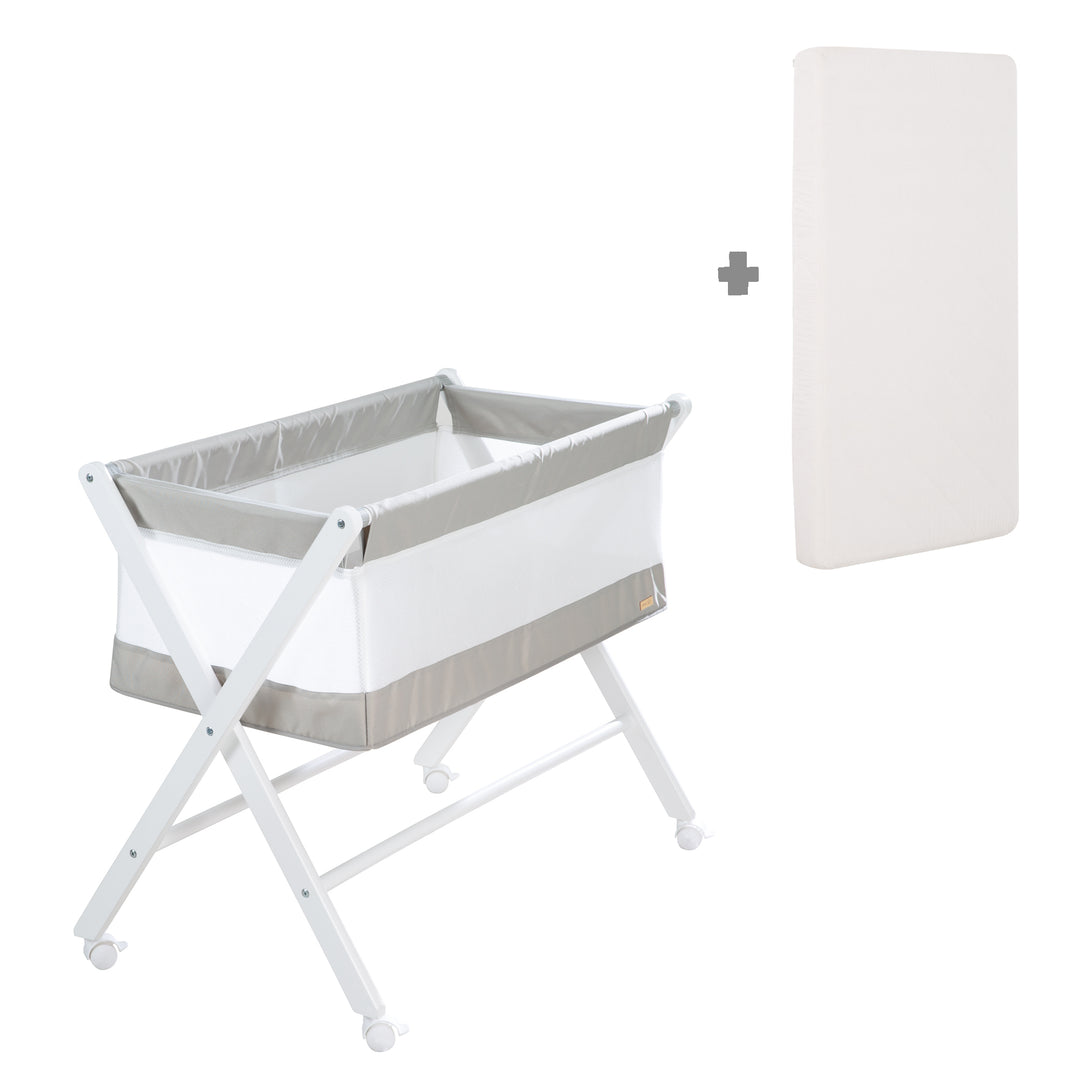 Klappbares culla in materiale in tela e rete, incl. rotelle & materasso, bianco-grigio – Infografica (5/7)