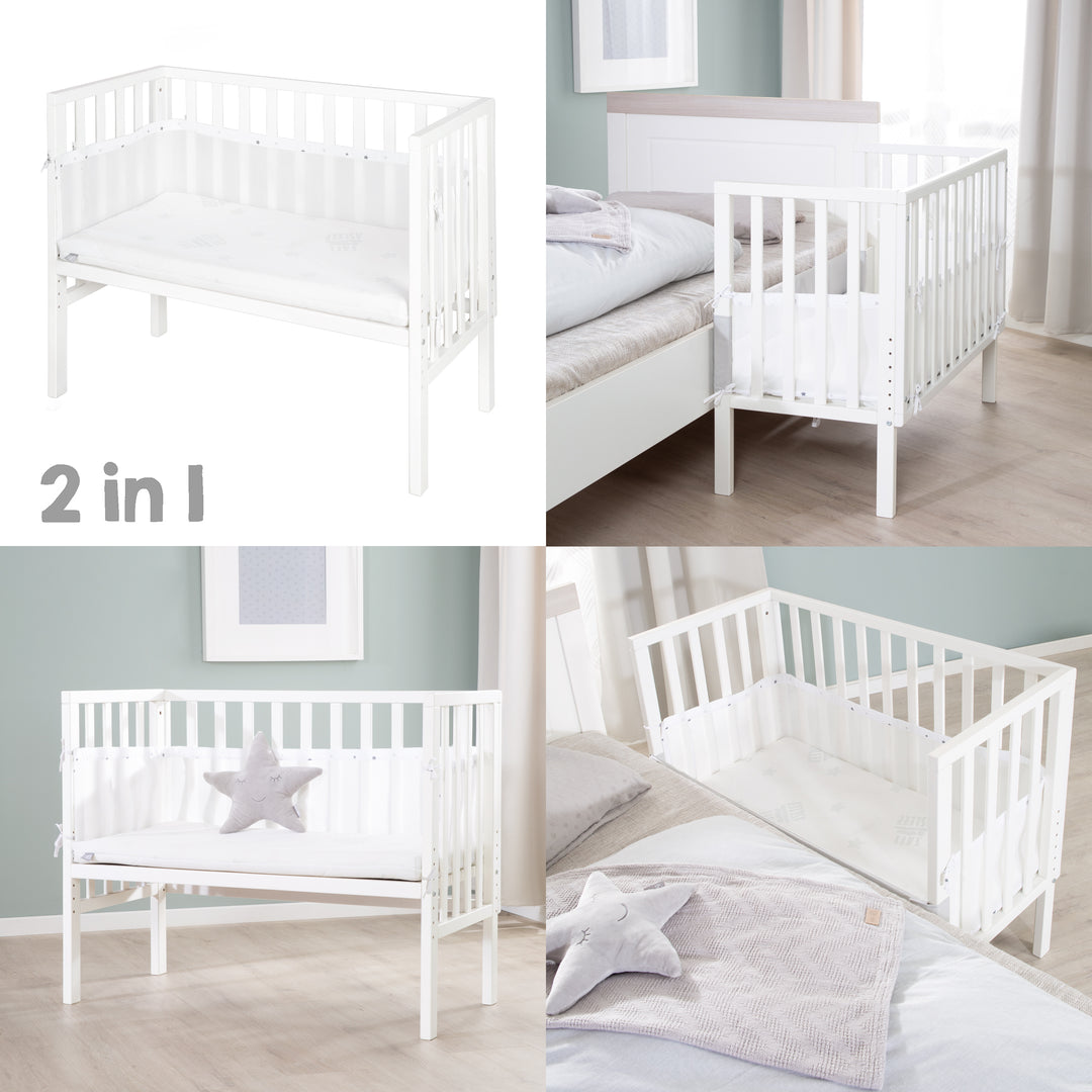 Beistellbett 2 in 1 safe asleep® 45 x 90 cm mit Matratze + Canvas Barriere - Holz weiß – Infografik (5/13)
