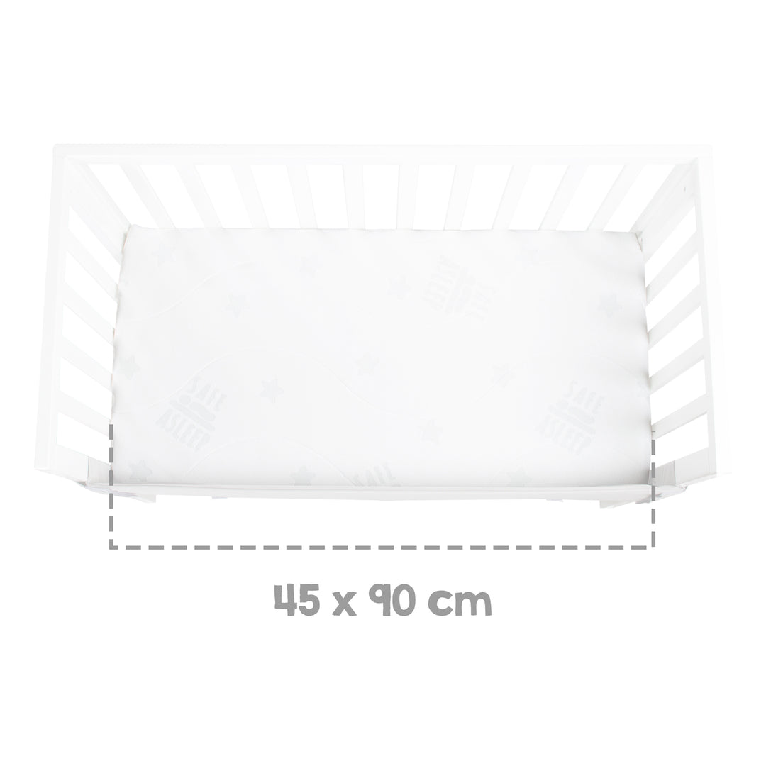 Beistellbett 2 in 1 safe asleep® 45 x 90 cm mit Matratze + Canvas Barriere - Holz weiß – Infografik (9/13)