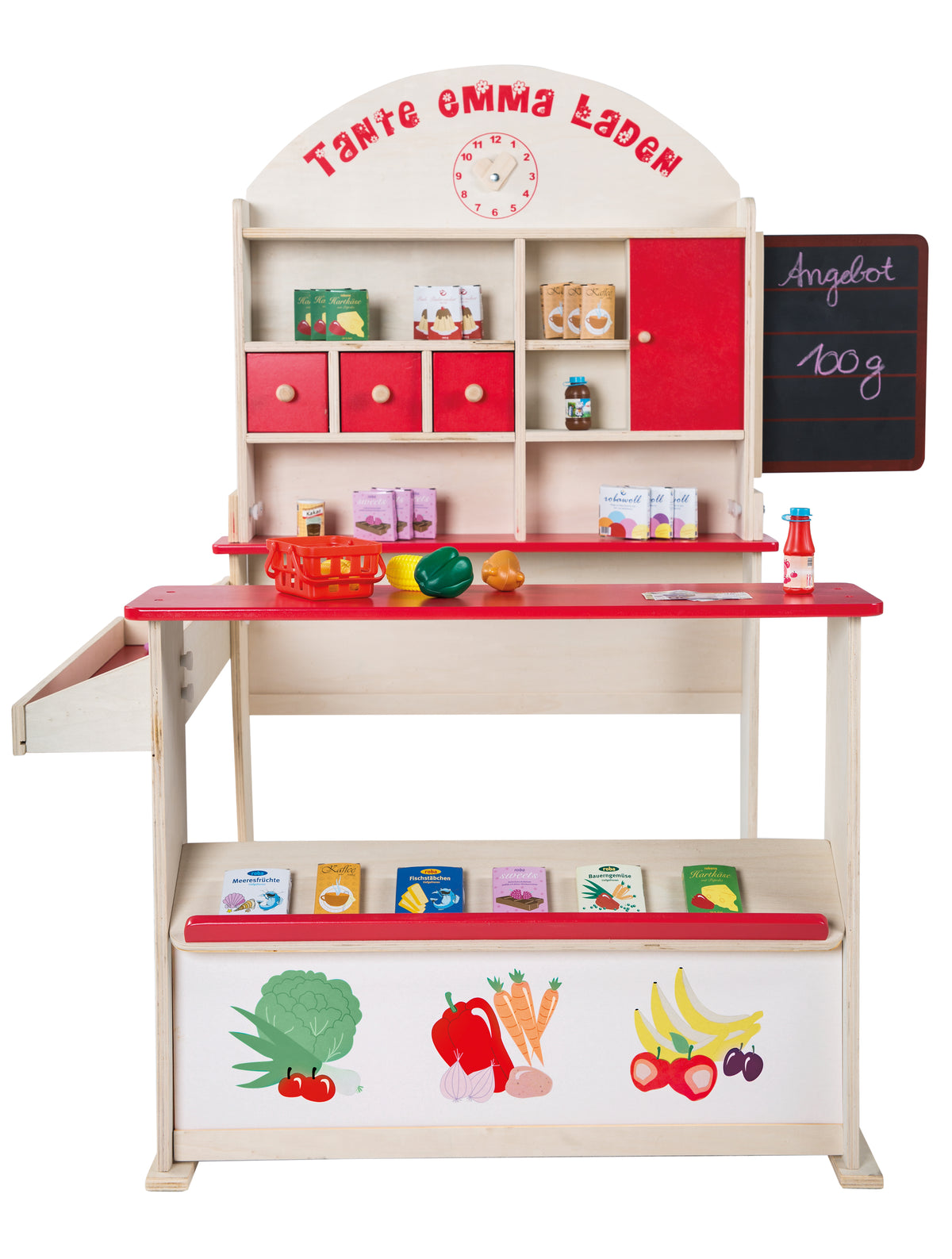 Kaufladen 'Tante Emma', Holz natur, mit Theke, Tafel, Seitentheke & Markststand-Druck – Freisteller (1/4)