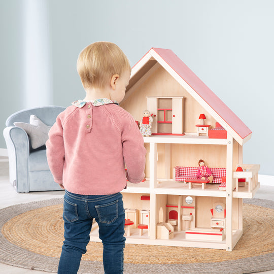 Puppenhaus inkl. Möbel- & Puppenset - Spielzeug ab 3 Jahren - Holz natur / Rot – Milieubild (2/4)