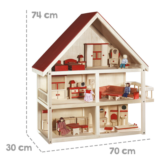 Puppenhaus inkl. Möbel- & Puppenset - Spielzeug ab 3 Jahren - Holz natur / Rot – Infografik (3/4)