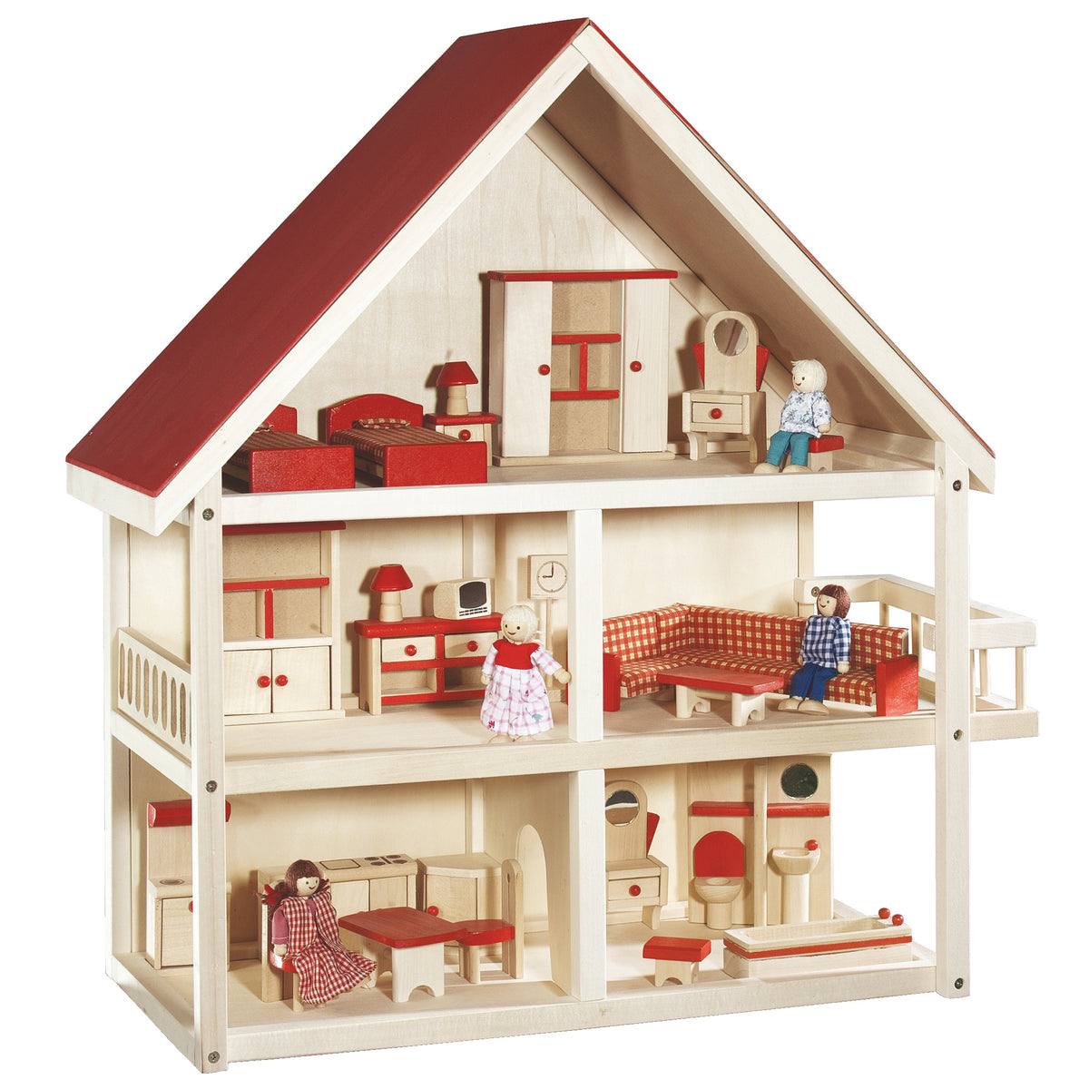 Puppenhaus inkl. Möbel- & Puppenset - Spielzeug ab 3 Jahren - Holz natur / Rot – Freisteller (1/4)