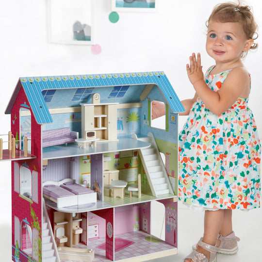 Doll's House incl. 16 Doll's Furniture - Liebevoll Printed Toy - Pink / Blue – Lifestyle Image (2/7)