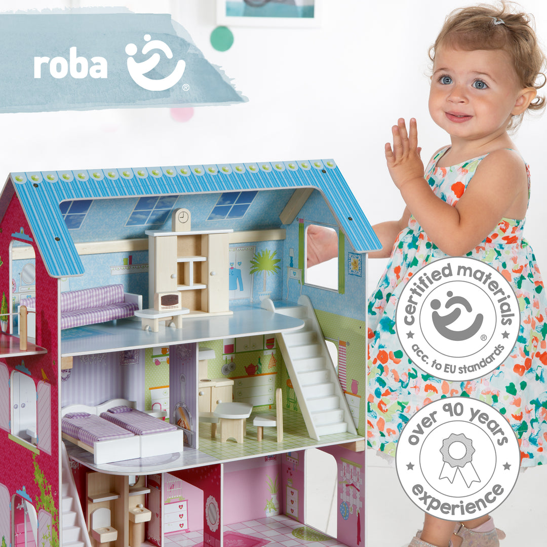 Doll's House incl. 16 Doll's Furniture - Liebevoll Printed Toy - Pink / Blue – Infographic (4/7)