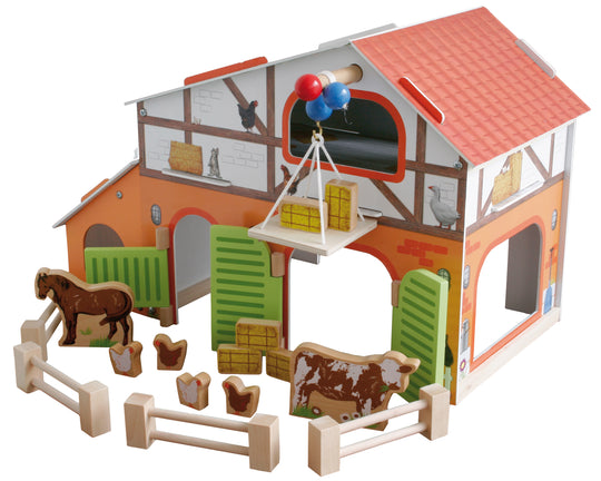 Bauernhof 'Farm', bedrucktes Holzspielzeug, Set mit Scheune, Stall, Heuboden, Zaun & 6 Bauernhoftieren, steckbar – Freisteller (9/16)