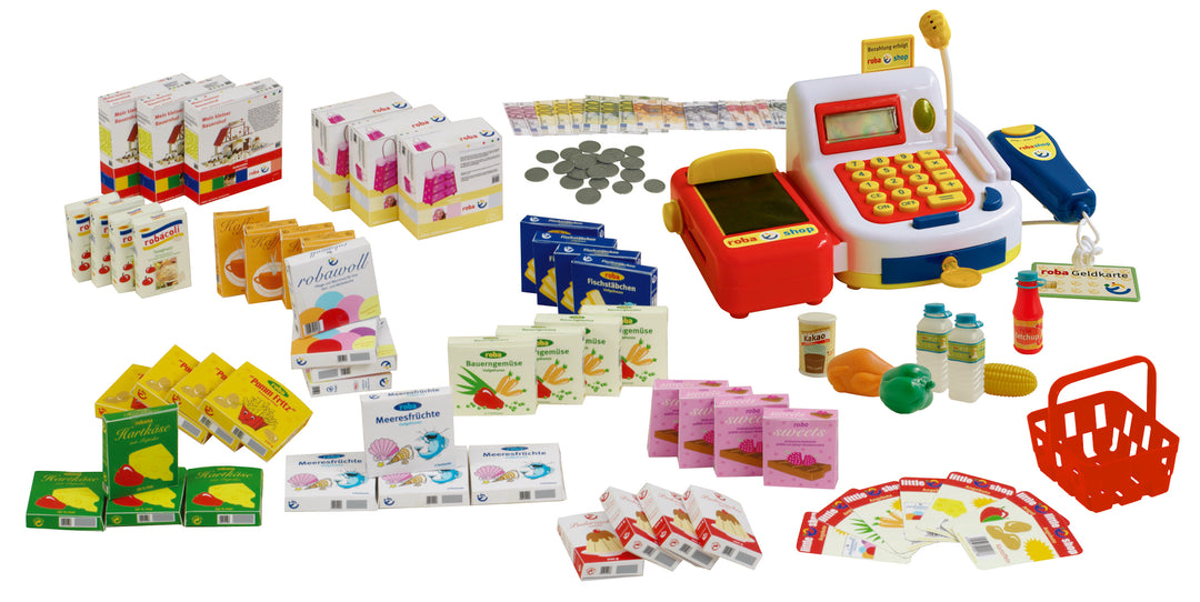 Accessoires de marchande, caisse enregistreuse, argent de jeu, panier de courses, aliments set & panneaux d'offre – Détourage (1/1)