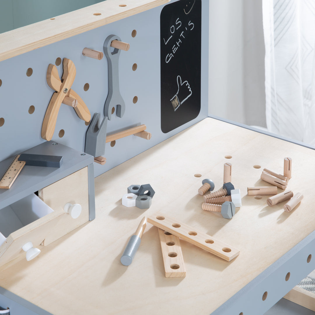 Werkbank, Holzwerkbank, Werkzeug-Set, große Arbeitsplatte, Ablage, 3 Schubfächer, mitwachsend – Detailbild (5/20)