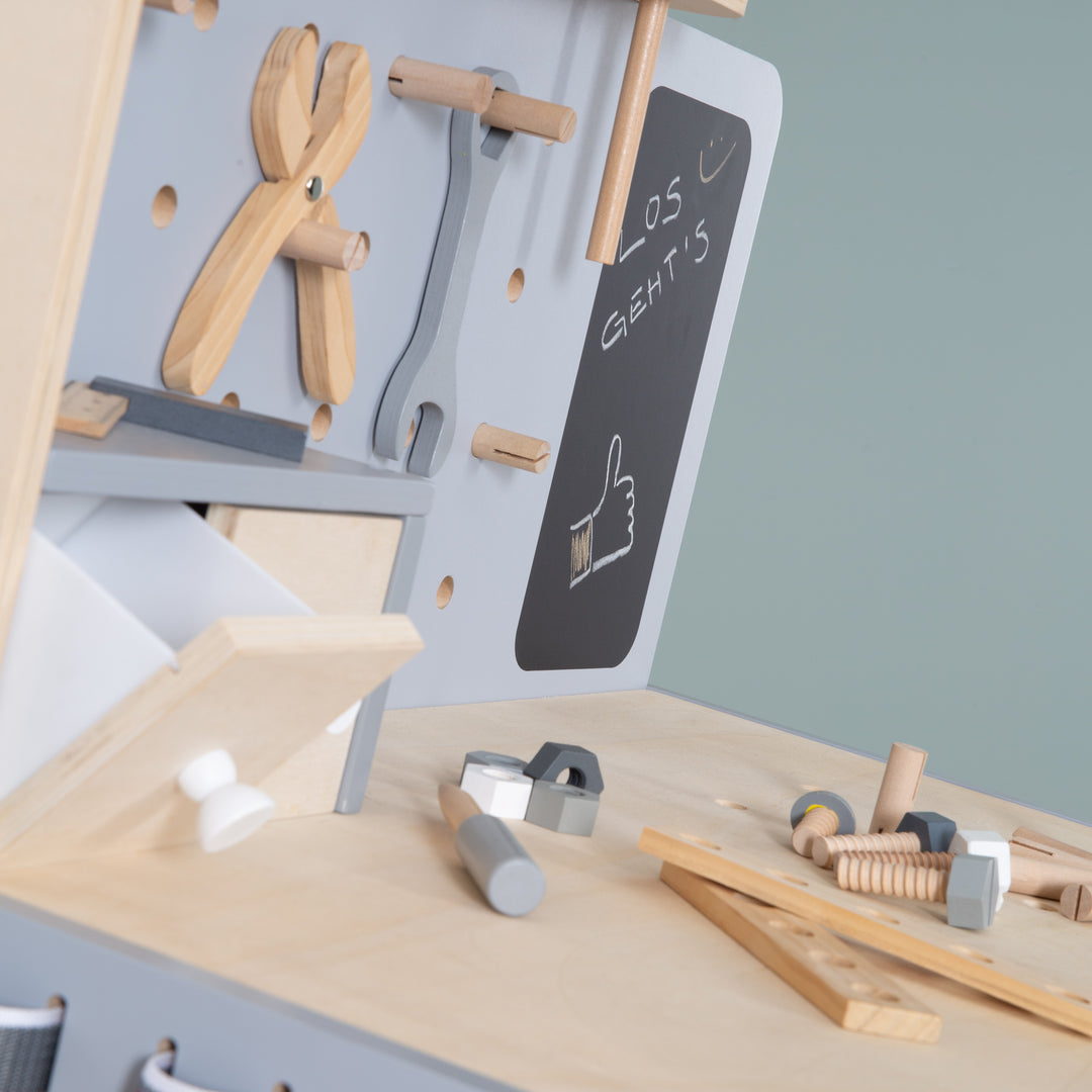 Werkbank, Holzwerkbank, Werkzeug-Set, große Arbeitsplatte, Ablage, 3 Schubfächer, mitwachsend – Detailbild (11/20)