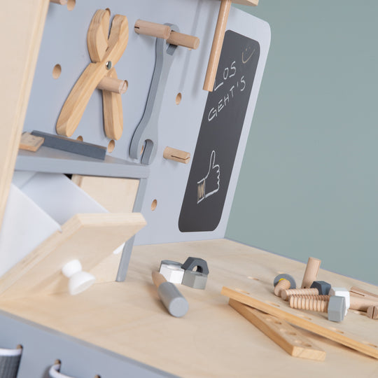 Werkbank, Holzwerkbank, Werkzeug-Set, große Arbeitsplatte, Ablage, 3 Schubfächer, mitwachsend – Detailbild (11/20)