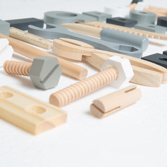Werkbank, Holzwerkbank, Werkzeug-Set, große Arbeitsplatte, Ablage, 3 Schubfächer, mitwachsend – Detailbild (15/20)