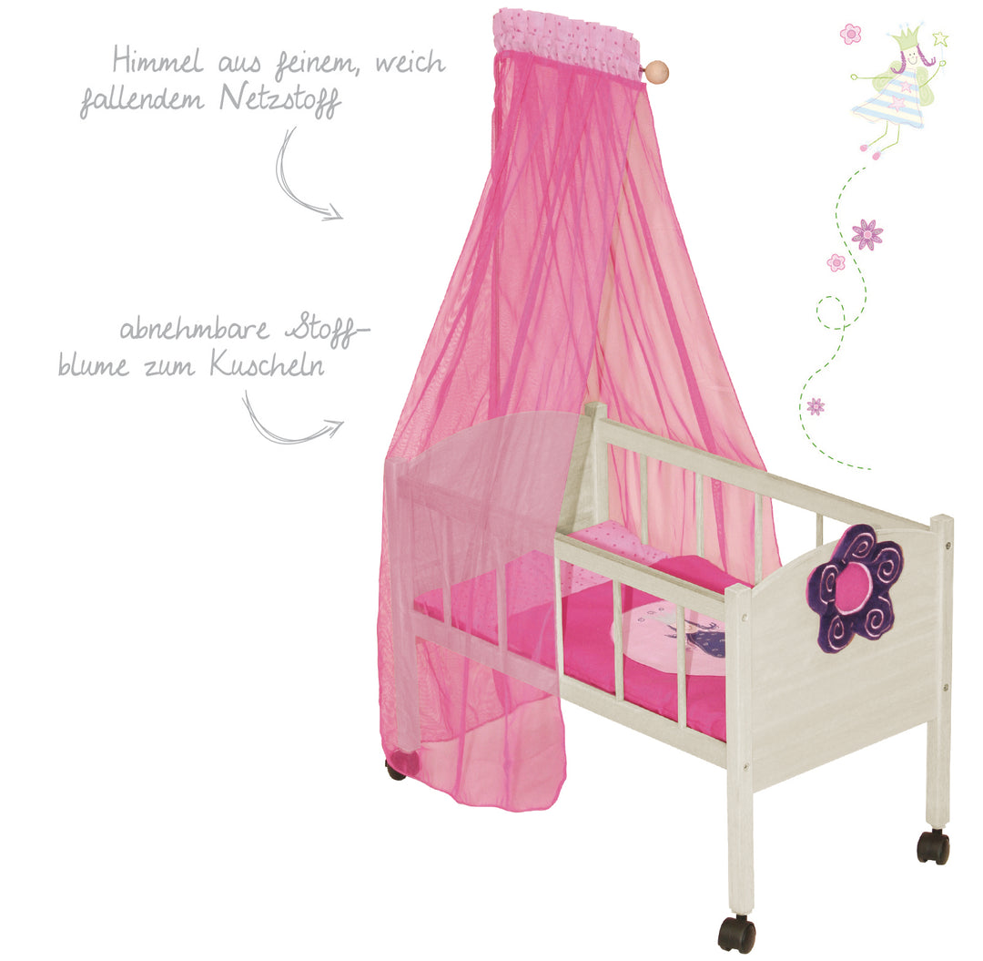 Puppenbett Serie 'Happy Fee', Holz natur inkl. textiler Ausstattung, Bettwäsche & Himmel pink – Detailbild (3/5)