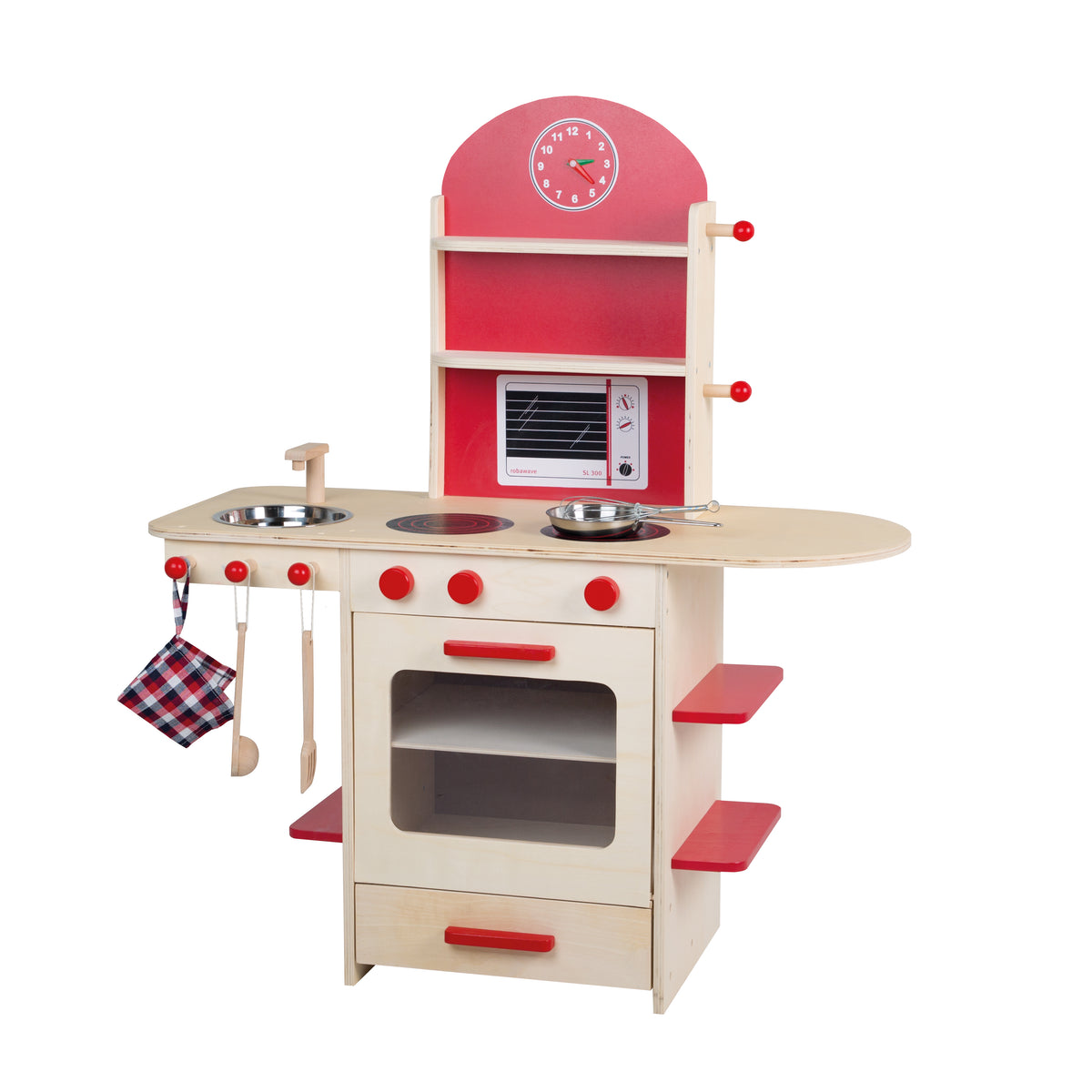 Cuisine enfant, cuisine en bois naturel/rouge, cuisine de jeu enfant avec cuisinière, évier, robinet & étagère – Détourage (1/7)