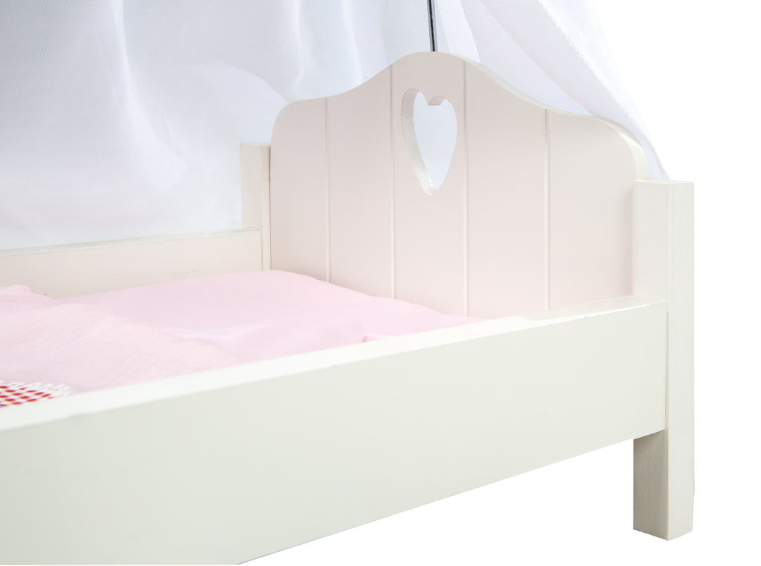 Puppenbett 'Fienchen', inkl. textiler Ausstattung, Bettwäsche & Himmel, weiß lackiert – Detailbild (2/5)