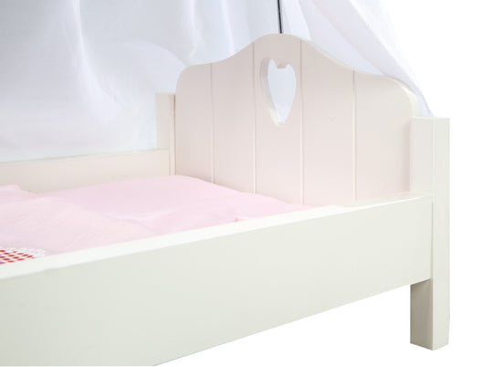 Puppenbett 'Fienchen', inkl. textiler Ausstattung, Bettwäsche & Himmel, weiß lackiert – Detailbild (2/5)