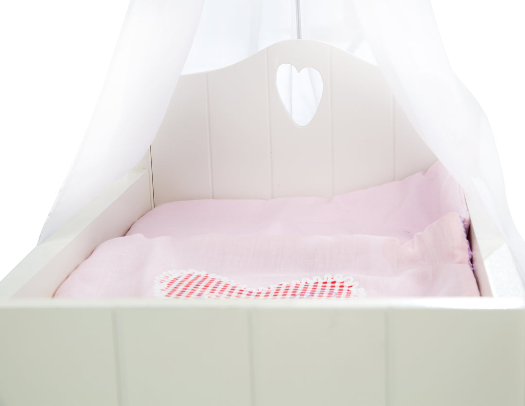 Puppenbett 'Fienchen', inkl. textiler Ausstattung, Bettwäsche & Himmel, weiß lackiert – Detailbild (3/5)