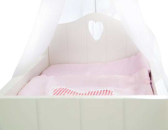 Puppenbett 'Fienchen', inkl. textiler Ausstattung, Bettwäsche & Himmel, weiß lackiert – Detailbild (3/5)