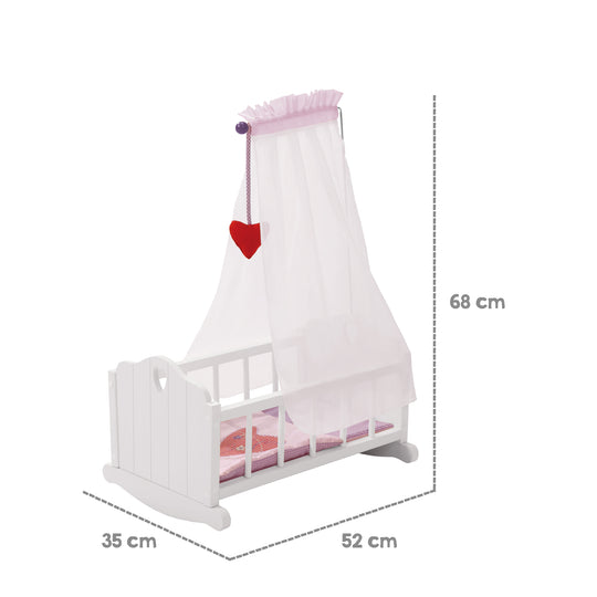 Berceau de poupée 'Fienchen' avec équipement textile, linge de lit & ciel de lit, blanc laqué – Infographie (6/8)