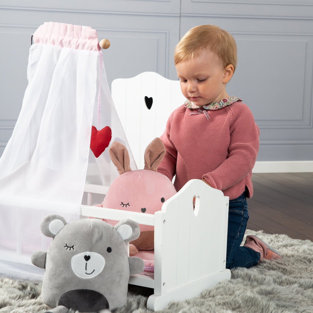 Berceau de poupée 'Fienchen' avec équipement textile, linge de lit & ciel de lit, blanc laqué – Photo d'ambiance (3/8)