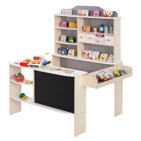 Kaufladen, inkl. Zubehör, natur, weiß/grau, 4 Schubladen, Uhr, Tafel, Theke & Seitentheke – Freisteller (1/4)