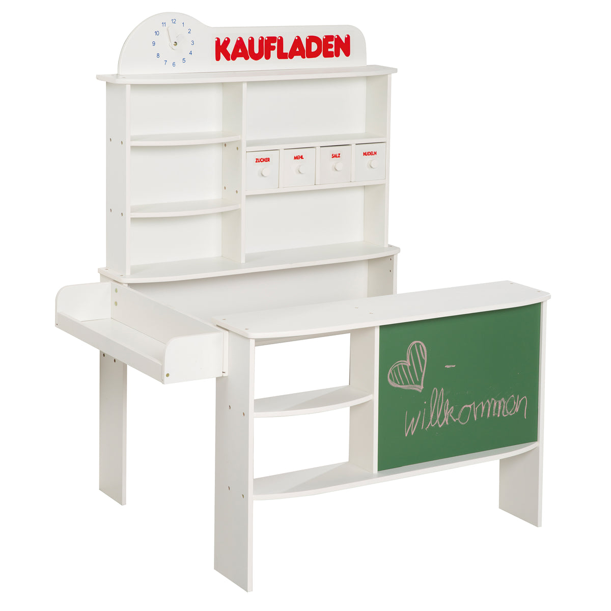 Kaufladen, Holz weiß, Verkaufsstand, 4 Schubladen, Uhr, Tafel, Theke, Seitentheke – Freisteller (1/5)