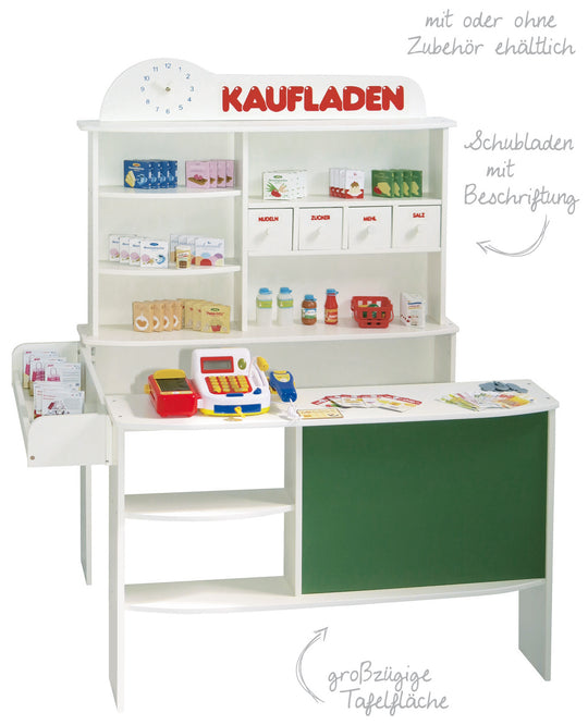 Kaufladen, Holz weiß, Verkaufsstand, 4 Schubladen, Uhr, Tafel, Theke, Seitentheke – Detailbild (4/5)