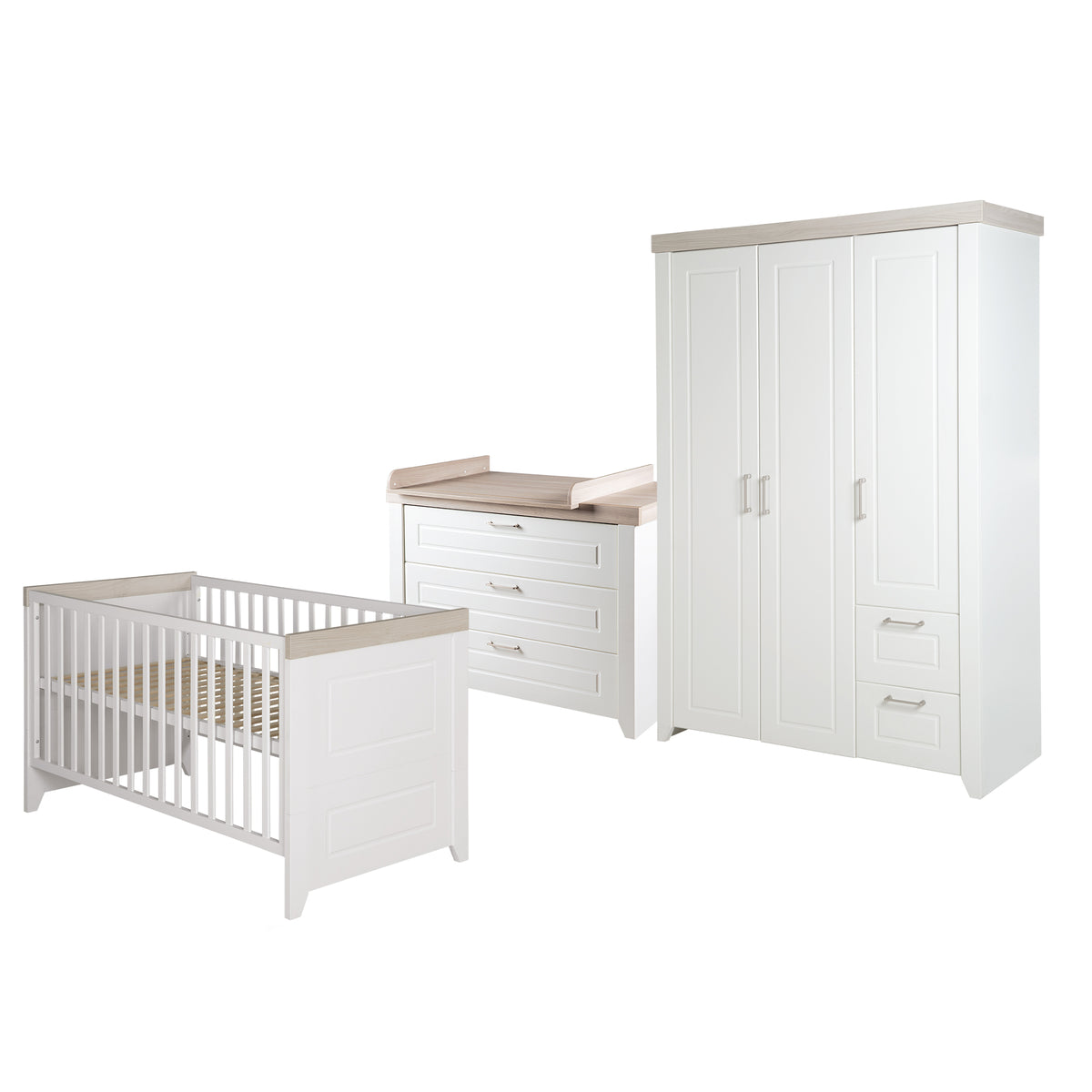 Zimmerset 'Felicia' inkl. Kombi-Bett 70 x 140 cm, Wickelkommode & 3-türigem Schrank, Luna Elm / weiß – Produktbild (1/21)