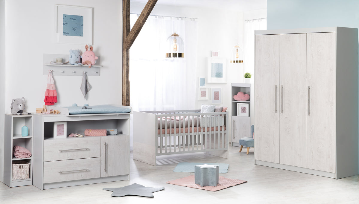 Children's Room Set 'Maren 2', incl. Convertible Cot Bed 70 x 140 cm, Changing Table Wide & 3-Door Cabinet, Light Grey/Whitewashed Oak – Product Image (1/12)